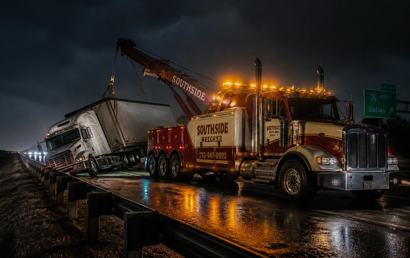 Heavy-duty wrecker recovering a semi tractor-trailer on an I-45 shoulder at night with amber warning lights