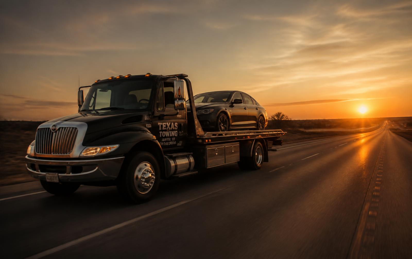 Flatbed tow truck carrying a car on an open Texas highway at sunset during a long-distance vehicle transport
