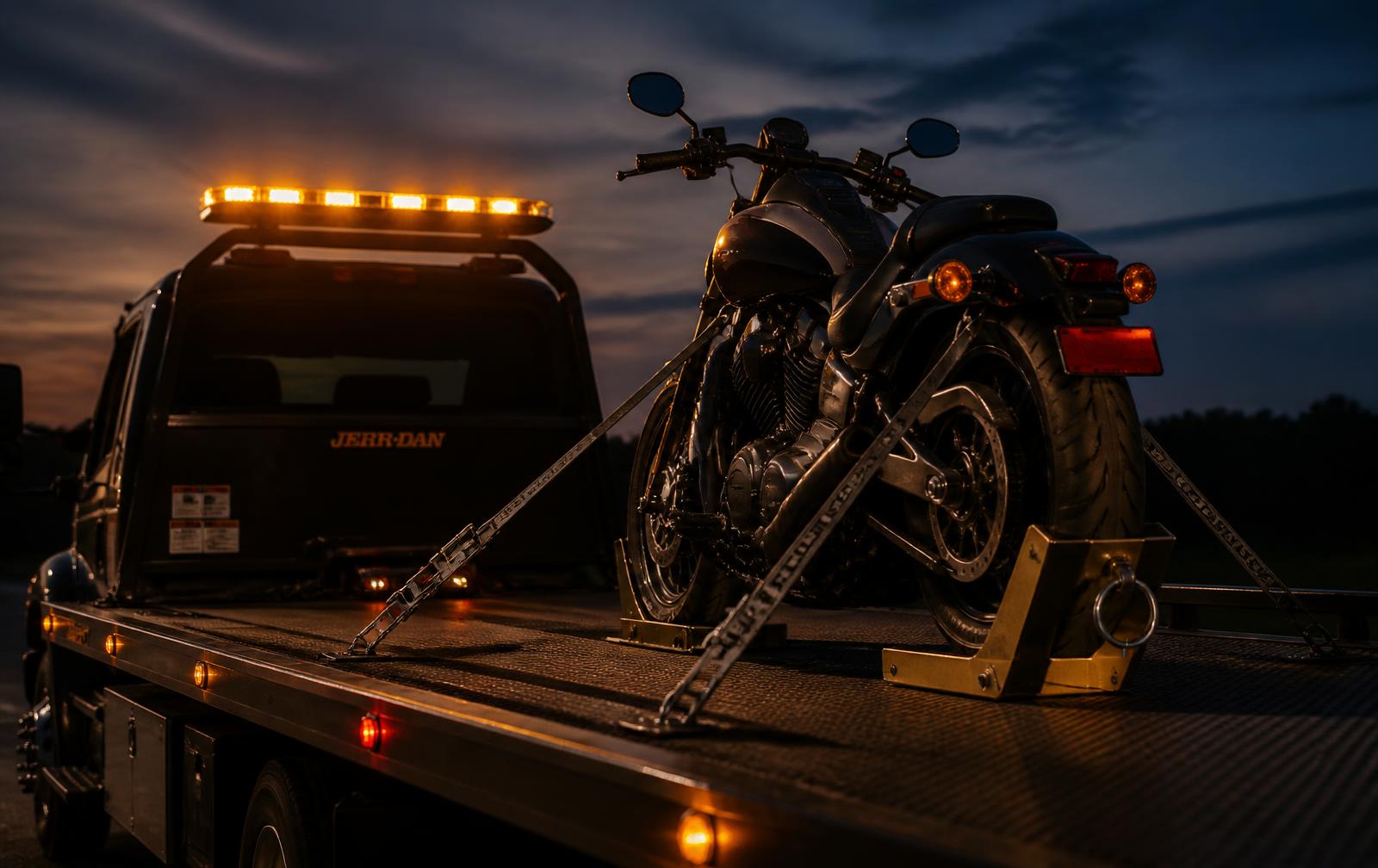 Motorcycle secured upright with a wheel chock and soft straps on an All About Towing flatbed deck at dusk